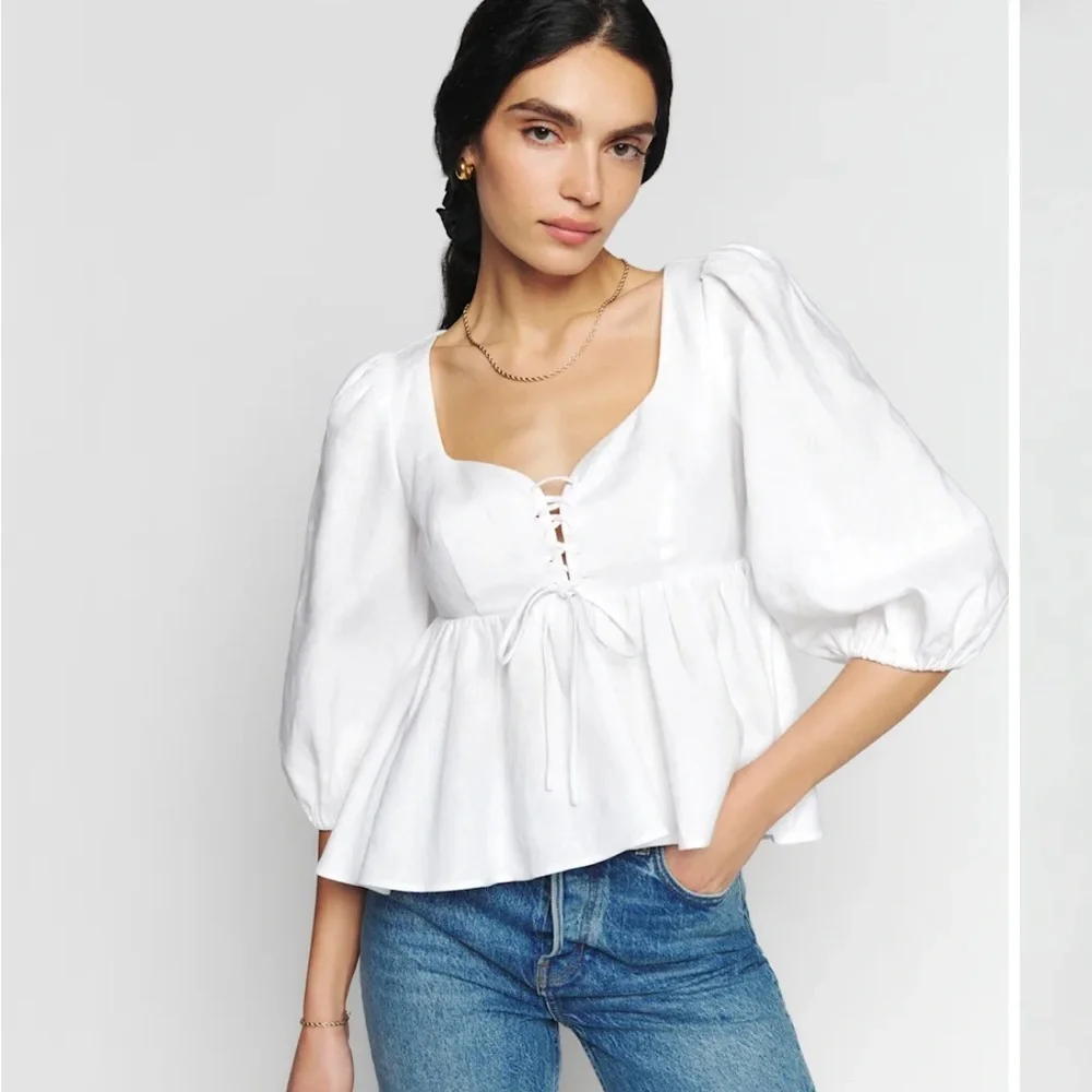 Reformation Abigail Linen White Puff Sleeve Blouse